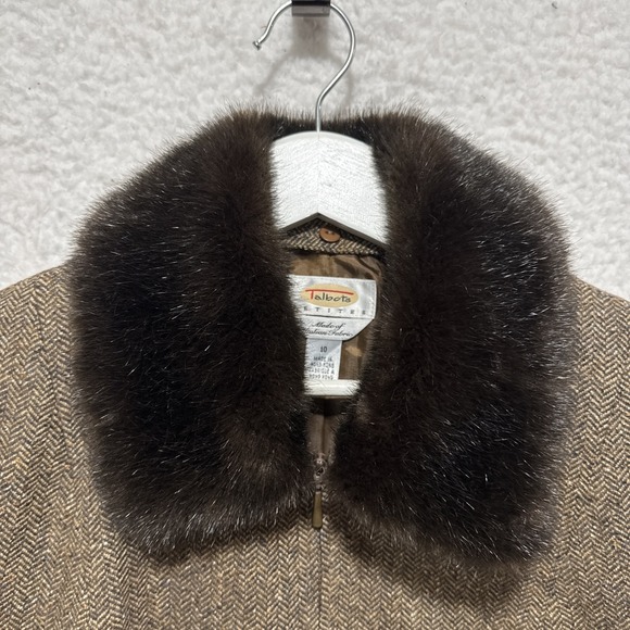 VTG Talbots Jacket Womens 10P Brown Long Sleeve Herringbone Faux Fur Collar RARE - Picture 8 of 14